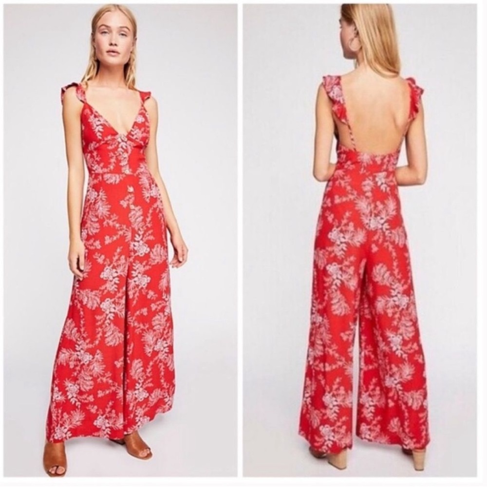 Free People Be The One Wide Leg Floral Jumpsuit in Red & Pink Ruffle Straps Sz 0